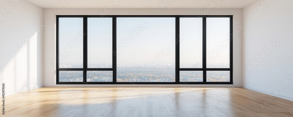 Fototapeta premium Empty luxury condo with floortoceiling windows, ready for sale or lease, prime real estate