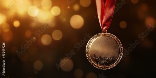 Gold medal with red ribbon, bokeh background.