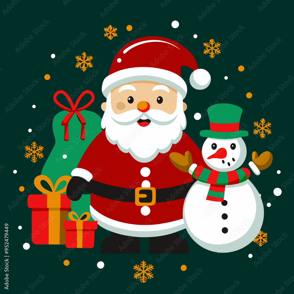 Santa Claus with Snowman and Gifts, Festive Christmas Illustration with Snowflakes