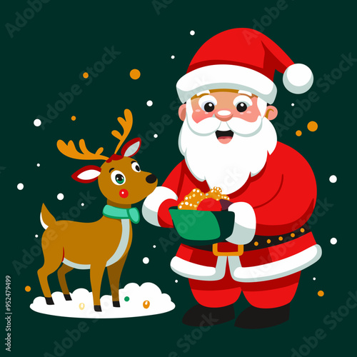 Santa Claus Feeding Reindeer, Festive Christmas Illustration with Snow