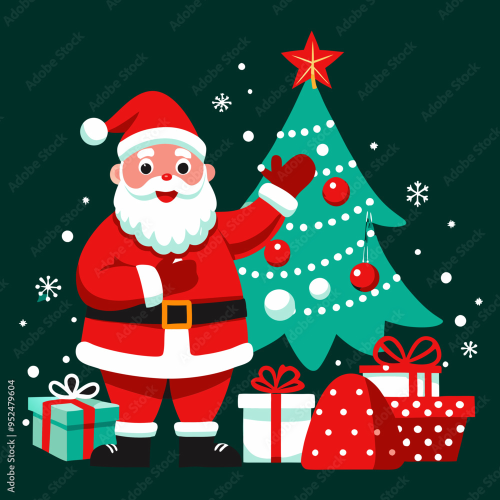 Santa Claus by Decorated Christmas Tree with Gifts, Festive Holiday Scene Santa Claus by Decorated Christmas Tree with Gifts, Festive Holiday Scene