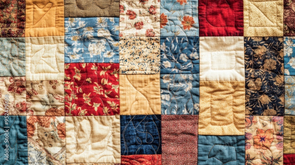 A classic American quilt design featuring a repeating pattern of patchwork squares in various colors and patterns. The quilt is laid out flat, with the individual patches clearly visible and the A classic American quilt design featuring a repeating pattern of patchwork squares in various colors and patterns. The quilt is laid out flat, with the individual patches clearly visible and the