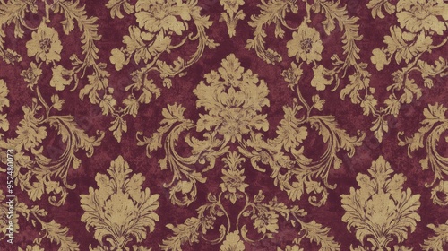 A classic damask wallpaper featuring a repeating pattern of ornate floral motifs in gold set against a rich, burgundy background. The design is luxurious and detailed, with curling vines and blooming