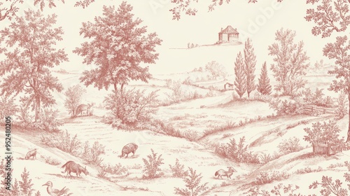 A classic French toile de Jouy wallpaper featuring pastoral scenes in a single color, such as blue or red, set against a light background. The scenes depict rural life, with detailed illustrations of