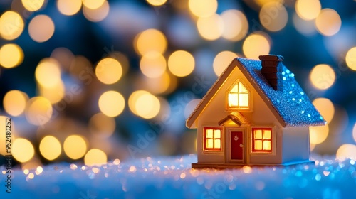 A cozy miniature house with warm lights, set against a backdrop of soft bokeh, evoking a festive atmosphere.