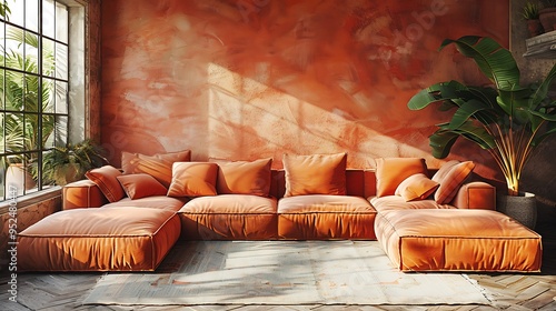 Wallpaper Mural A large, comfortable sectional sofa sits in a room with a large window and an orange wall. Torontodigital.ca