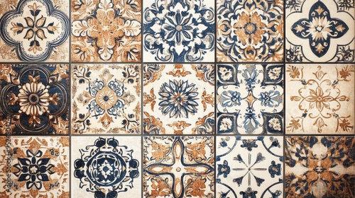 A classic Persian tile design featuring intricate patterns of flowers and geometric shapes in rich, earthy tones. The tiles are arranged in a repeating pattern, with each tile featuring a different