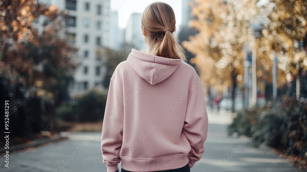 custom made wallpaper toronto digitalA woman in a pink hoodie walks down a city street.