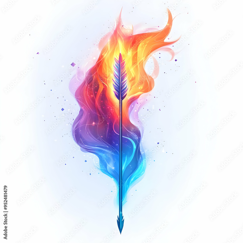 Obraz premium Flat Holographic Flame and Arrow with Burn Text concept as A vibrant photo featuring a glowing holographic flame and arrow representing the burning of Ravana. The design includes ample copy space idea