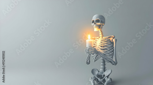 3D Glossy Skeleton Background with Candles concept as A glossy background featuring a skeleton holding a candle in a dark eerie room. The scene is ideal for horror themed Halloween advertisements or s photo