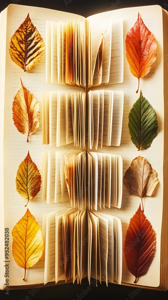 Open book with autumn leaves, pages are fanned out and arranged in a pattern. Open book with autumn leaves, pages are fanned out and arranged in a pattern.