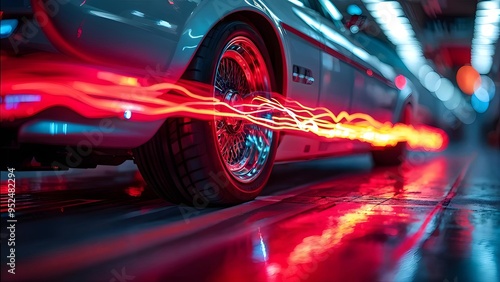 Close-up of a sleek car wheel with neon light trails in motion, modern automotive advertisement. Generative AI