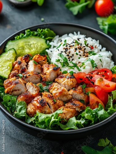 Grilled Chicken, Rice, Cucumber, Tomato and Lettuce Bowl