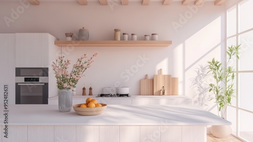 Wallpaper Mural A modern kitchen with a sleek island, high-end appliances, and minimalist decor. The countertops are clean and uncluttered, with just a few carefully placed items like a bowl of fruit and a vase of Torontodigital.ca