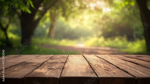 A serene wooden table in a lush green forest setting, inviting a sense of calm and connection with nature.