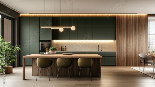 A modern kitchen with dark green cabinets, a wooden island, and a minimalist dining table, creating a sophisticated and contemporary look. Ample copy space available.