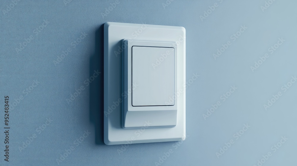 White light switch on blue wall. Perfect for illustrating concepts of home improvement, technology, and electrical wiring. White light switch on blue wall. Perfect for illustrating concepts of home improvement, technology, and electrical wiring.
