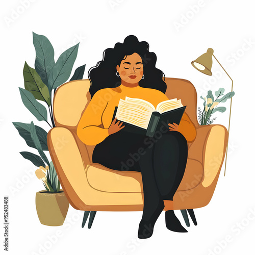 Flat Candid Plus Size Model Reading a Book concept as A candid shot of a plus size model deeply engaged in a book while sitting on a comfortable couch. The scene captures the quiet enjoyment of readin