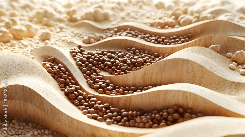 Abstract Wave Pattern of Coffee and Soybeans on Textured Surface Abstract Wave Pattern of Coffee and Soybeans on Textured Surface