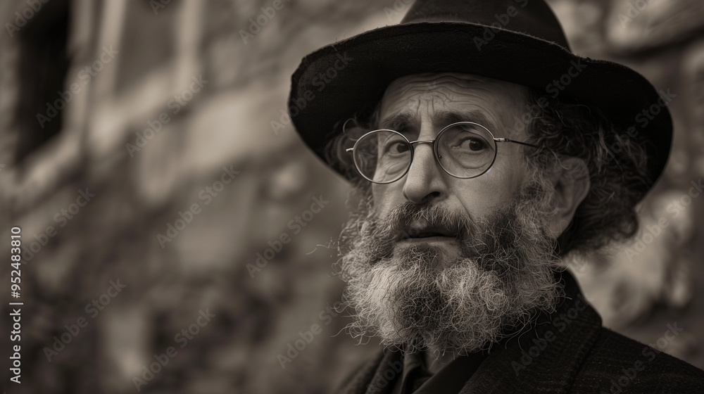 Elderly man with glasses and a long beard, wearing a hat, standing in front of an old stone building, looking thoughtful in a black and white photograph. Elderly man with glasses and a long beard, wearing a hat, standing in front of an old stone building, looking thoughtful in a black and white photograph.