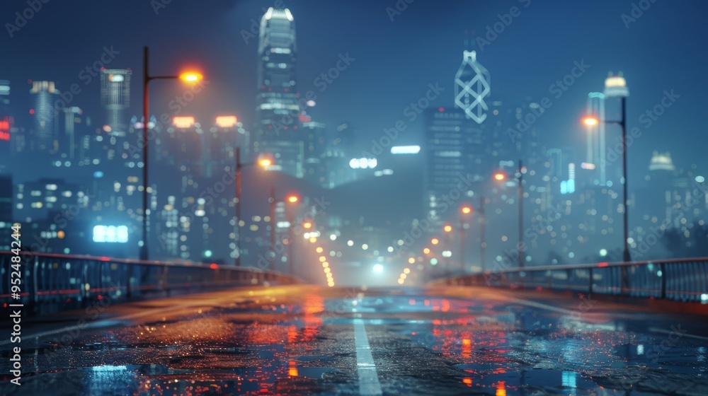 Fototapeta premium Municipal road, double solid line, street lamp, distant city, mid shot, side view, night, modern style, real scene, UHD, 8K 