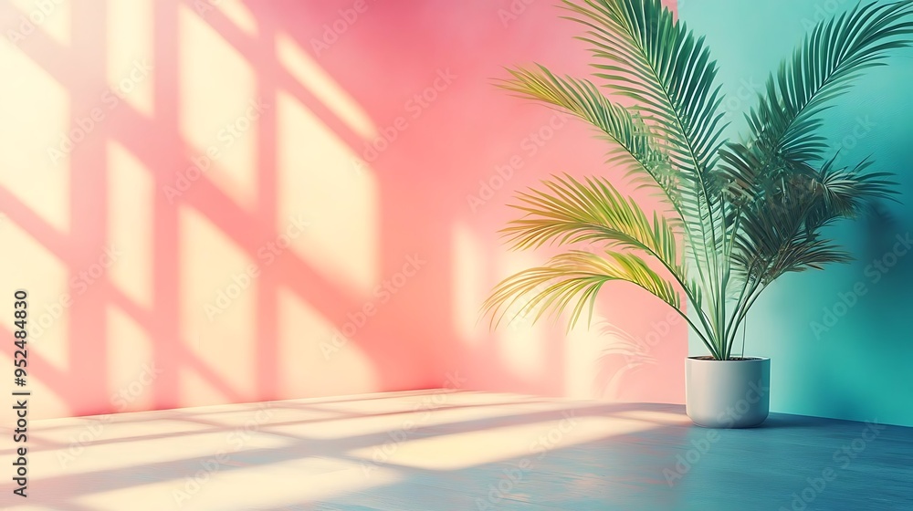 Palm Tree in a Potted Plant with Pink and Blue Walls Illustration Palm Tree in a Potted Plant with Pink and Blue Walls Illustration