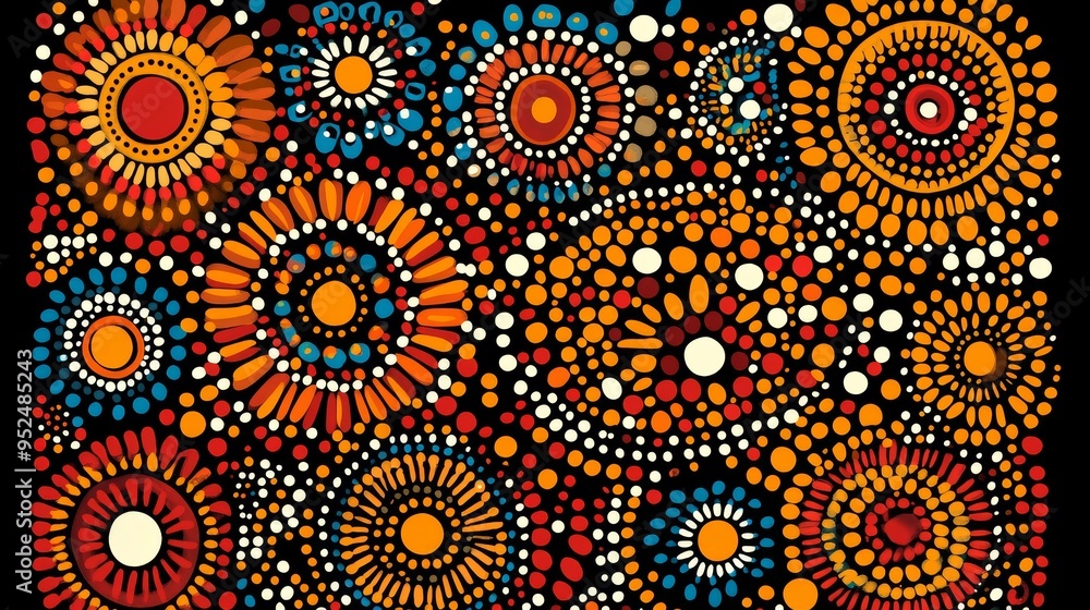 A traditional Aboriginal dot painting design featuring intricate patterns of dots arranged in circular and linear motifs. The colors are earthy and vibrant, with a mix of reds, yellows, and browns. A traditional Aboriginal dot painting design featuring intricate patterns of dots arranged in circular and linear motifs. The colors are earthy and vibrant, with a mix of reds, yellows, and browns.