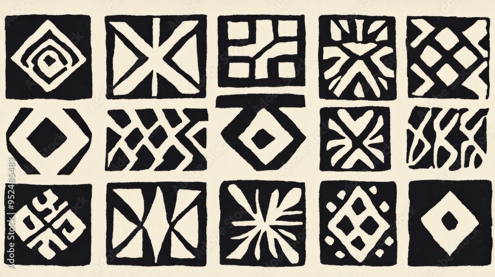 A traditional African mudcloth design featuring geometric patterns in black and white. The patterns are simple yet bold, with clean lines and repetitive shapes that create a sense of rhythm. The A traditional African mudcloth design featuring geometric patterns in black and white. The patterns are simple yet bold, with clean lines and repetitive shapes that create a sense of rhythm. The