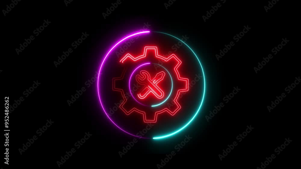 Glowing neon line setting icon with spinning gears icon animated. Technology setting icon concept. Repair service icon. Glowing neon line setting icon with spinning gears icon animated. Technology setting icon concept. Repair service icon.