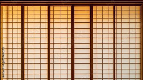 A traditional Japanese shoji screen with delicate, wooden latticework and translucent paper panels. The design is simple and elegant, with a soft, natural light filtering through the paper. The
