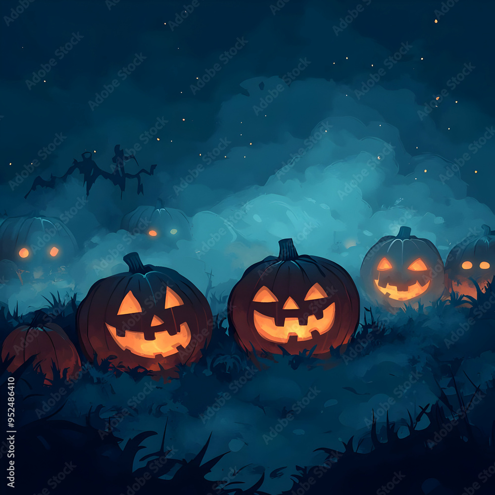 Fototapeta premium Flat Glossy Halloween Night Background with Pumpkins concept as A glossy dark background featuring glowing pumpkins and eerie fog perfect for setting the scene for Halloween party invitations or horro