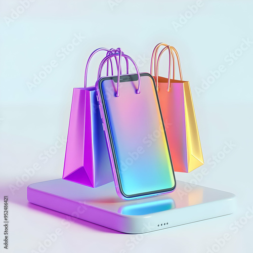 Wallpaper Mural Flat Smartphone with Holographic Shopping Bags concept as Horizontal shot of a smartphone placed on a white surface with glowing holographic shopping bags floating above it creating a futuristic Black Torontodigital.ca
