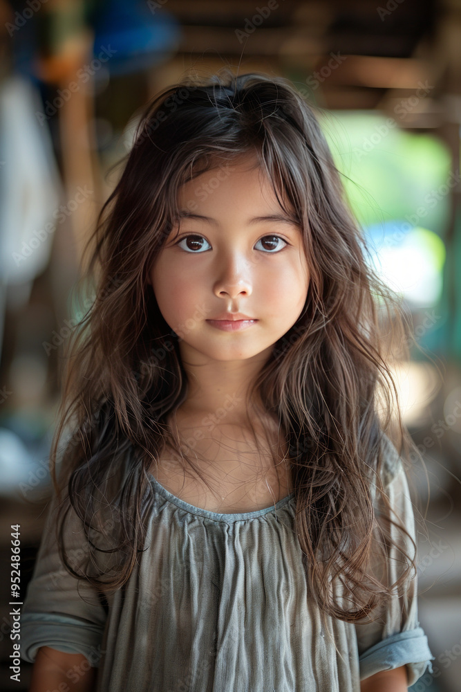 Obraz premium A joyful 5-year-old Thai girl with radiant innocence, her Southeast Asian features and vibrant expression in focus, set against a softly blurred background.
