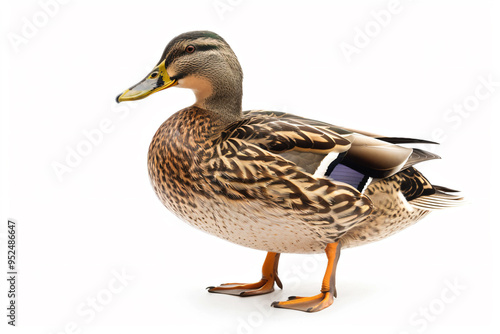 a duck standing on a white surface with a white background