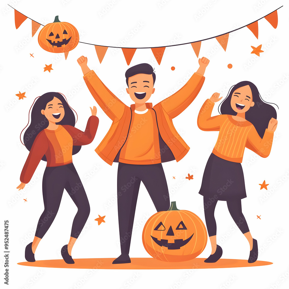 Fototapeta premium Flat Candid Teenagers at a Halloween Party concept as A candid shot of teenagers enjoying a Halloween party dancing and laughing under dim lights. The scene captures the energy and fun of the event id