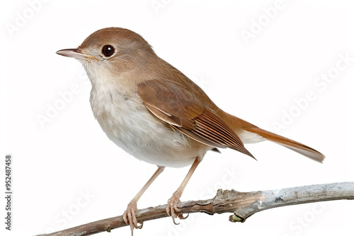 a small brown and white bird sitting on a branch photo