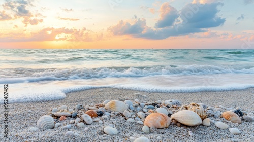 A tranquil beach scene at sunrise, with gentle waves lapping against the shore. The sky is painted in soft shades of pink, orange, and blue, creating a peaceful and serene atmosphere. A few scattered