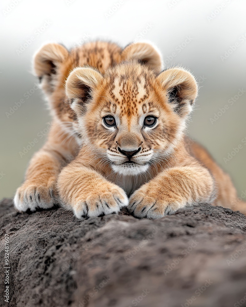 Adorable lion cubs playfully resting on a rock in a serene environment, showcasing their playful nature and vibrant fur. Adorable lion cubs playfully resting on a rock in a serene environment, showcasing their playful nature and vibrant fur.