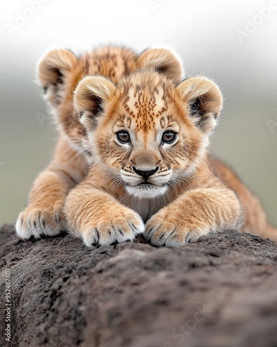 Adorable lion cubs playfully resting on a rock in a serene environment, showcasing their playful nature and vibrant fur.