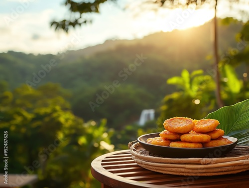 A beautifully presented dish of Thai fish cakes, spicy and fragrant, served with a tangy dipping sauce, set against the backdrop of the lush jungles and waterfalls of Kanchanaburi photo