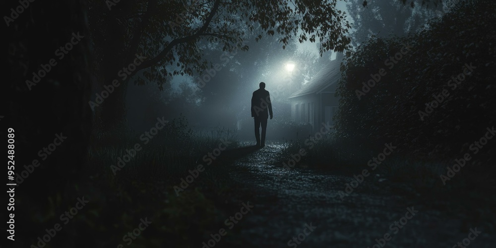 A shadowy figure walks towards a house in fog. A shadowy figure walks towards a house in fog.