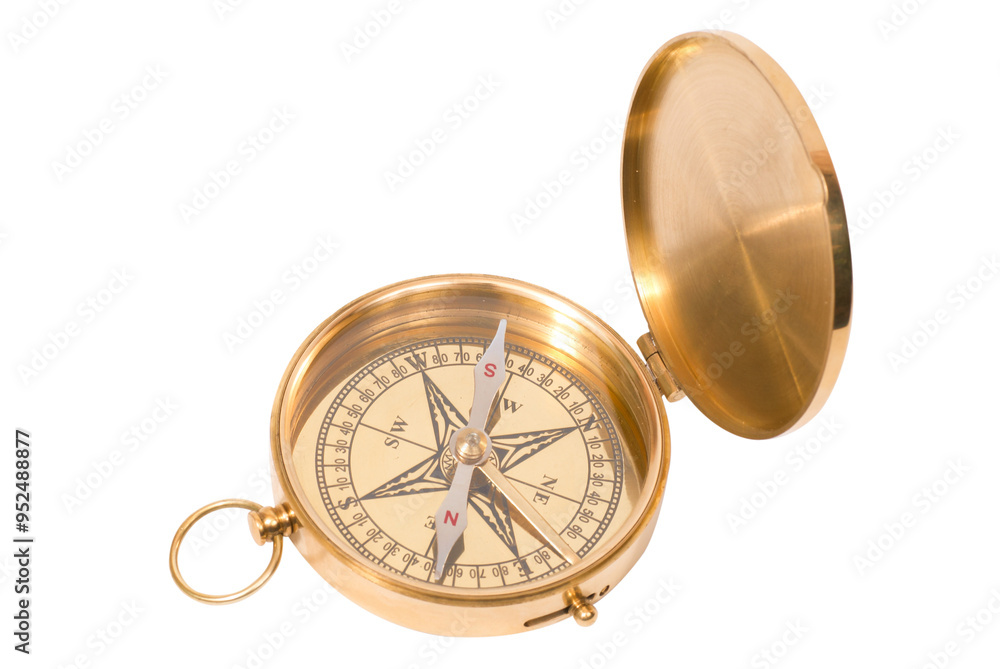 Golden old compass with lid in PNG isolated on transparent background