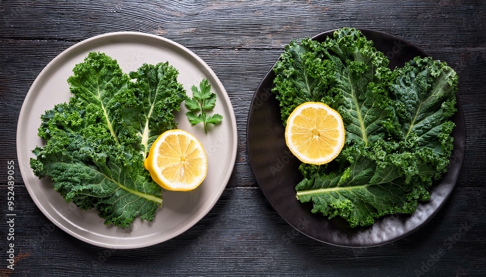 Dark leafy greens arranged on a plate with lemon slices dish, rich in vitamins, brain-boosting meal ready-to-eat salad Dark leafy greens arranged on a plate with lemon slices dish, rich in vitamins, brain-boosting meal ready-to-eat salad