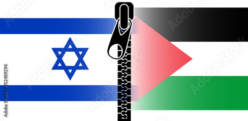 Two state solution concept between Israel and Palestine with national flag of Israel and national flag of Palestine connected with zipper. Illustration made August 31st, 2024, Zurich, Switzerland.