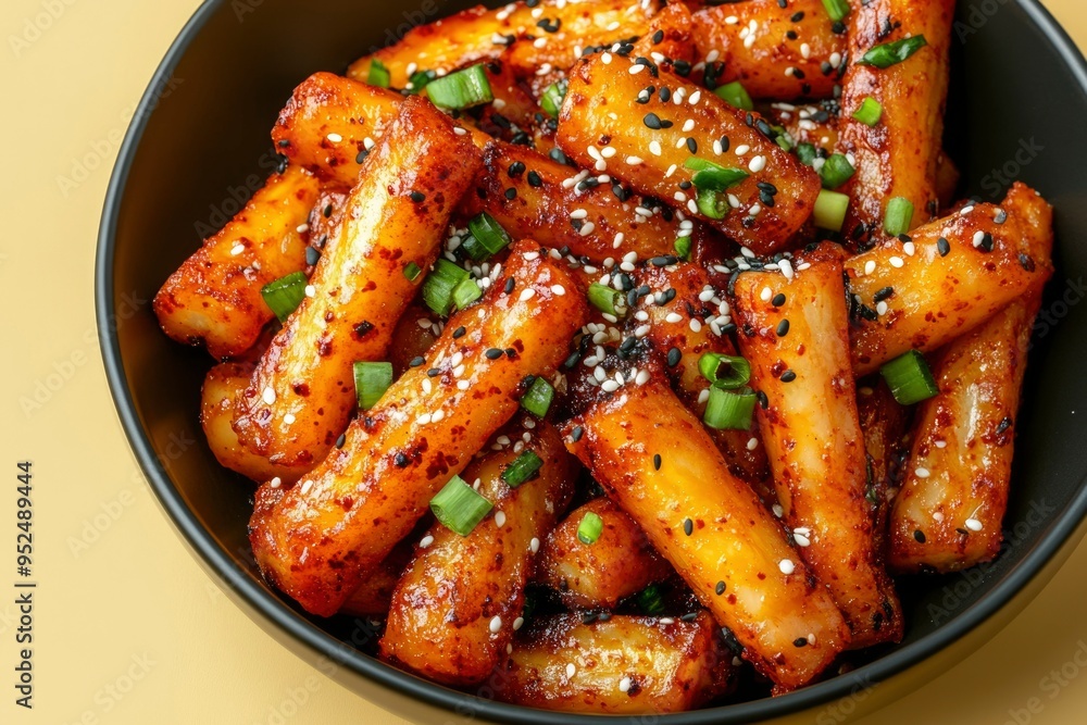 Spicy Korean Rice Cakes Topped with Sesame Seeds and Green Onions in a Black Bowl Spicy Korean Rice Cakes Topped with Sesame Seeds and Green Onions in a Black Bowl