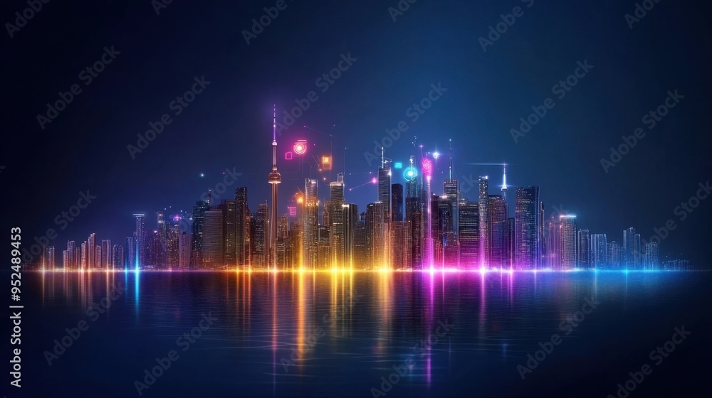 Urban night skyline, glowing neon signs Urban night skyline, glowing neon signs