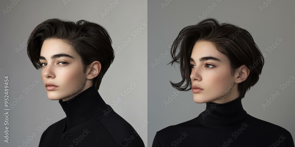Two portraits of a woman with short hair in black Two portraits of a woman with short hair in black