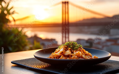 A dish of Portuguese bacalhau a bras, golden and fragrant, served on a ceramic plate with the backdrop of Lisbon s colorful buildings and the iconic 25 de Abril Bridge photo