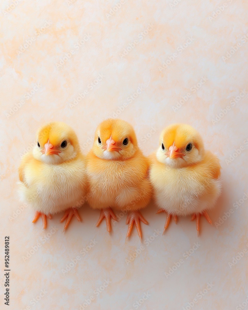 Three adorable fluffy chicks in soft yellow hues stand together on a light background, evoking warmth and innocence. Three adorable fluffy chicks in soft yellow hues stand together on a light background, evoking warmth and innocence.