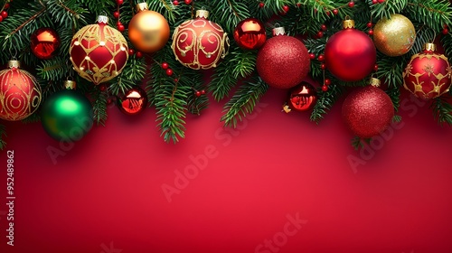 Festive Christmas Background with Red and Gold Ornaments, Pine Branches, and Candy Cane on Red Backdrop with Space for Text, Featuring Sparkling Lights and Holiday Decorations